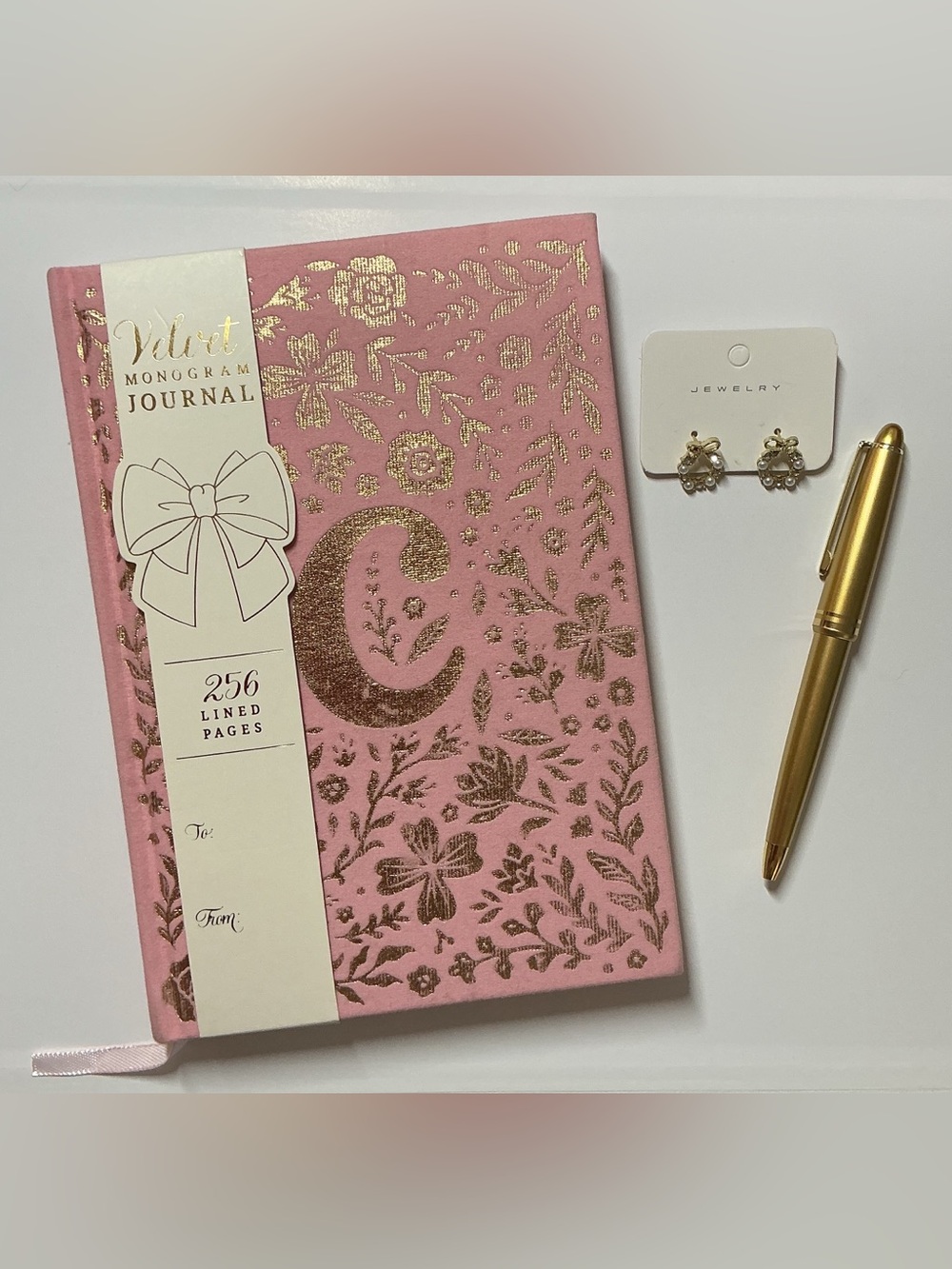 “C” Monogram Pink Velvet Journal w/Circle Accent Bow Earrings & Gold Pen